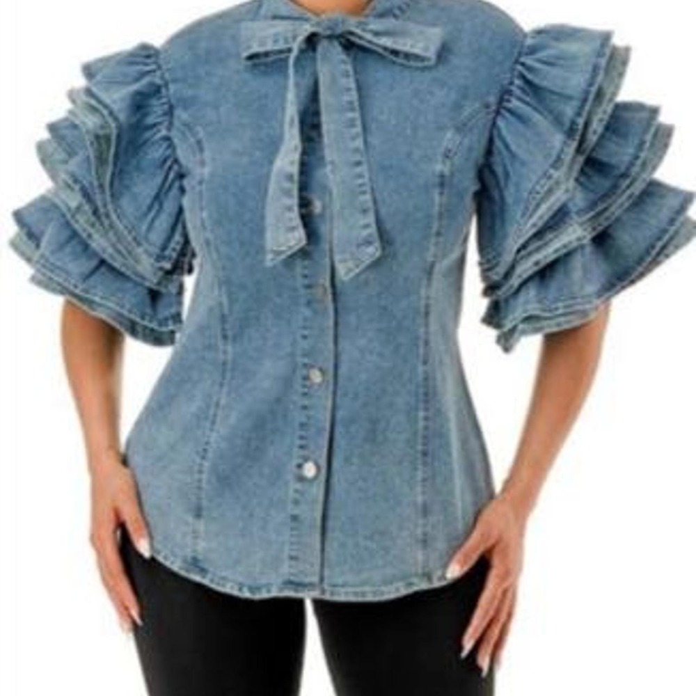 Women's Denim Short Sleeve Top with Dramatic Ruffle Sleeves and Bow Tie